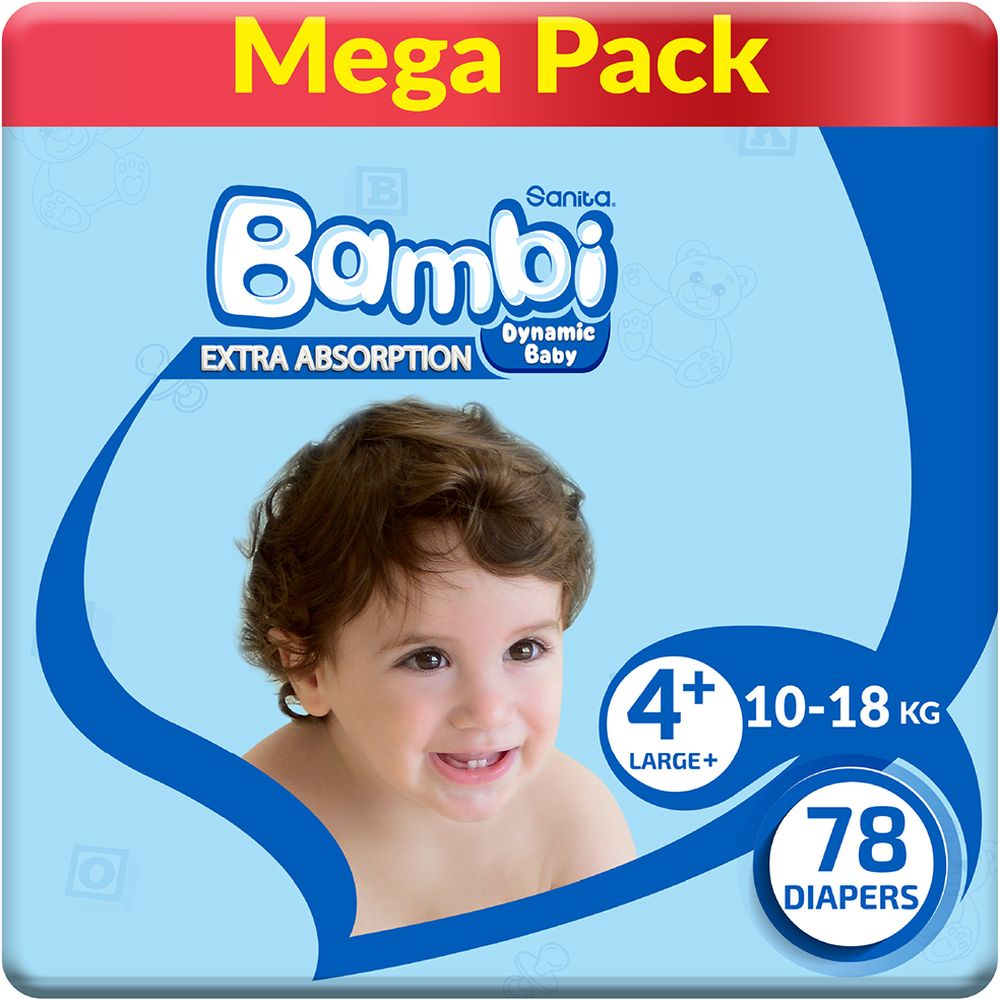 Sanita Bambi Baby Diapers Mega,Large+,10-18KG,78Count