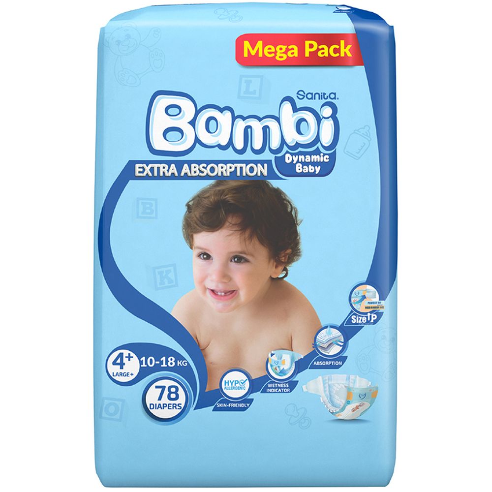Sanita Bambi Baby Diapers Mega,Large+,10-18KG,78Count