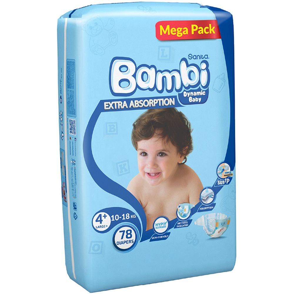 Sanita Bambi Baby Diapers Mega,Large+,10-18KG,78Count