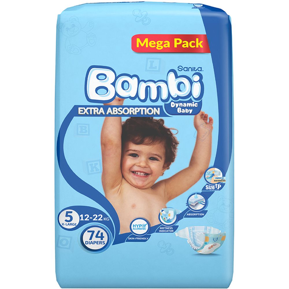 Sanita Bambi Baby Diapers Mega, X-Large,13-25KG,74Count