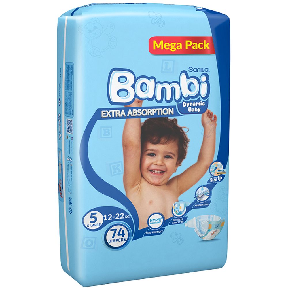 Sanita Bambi Baby Diapers Mega, X-Large,13-25KG,74Count