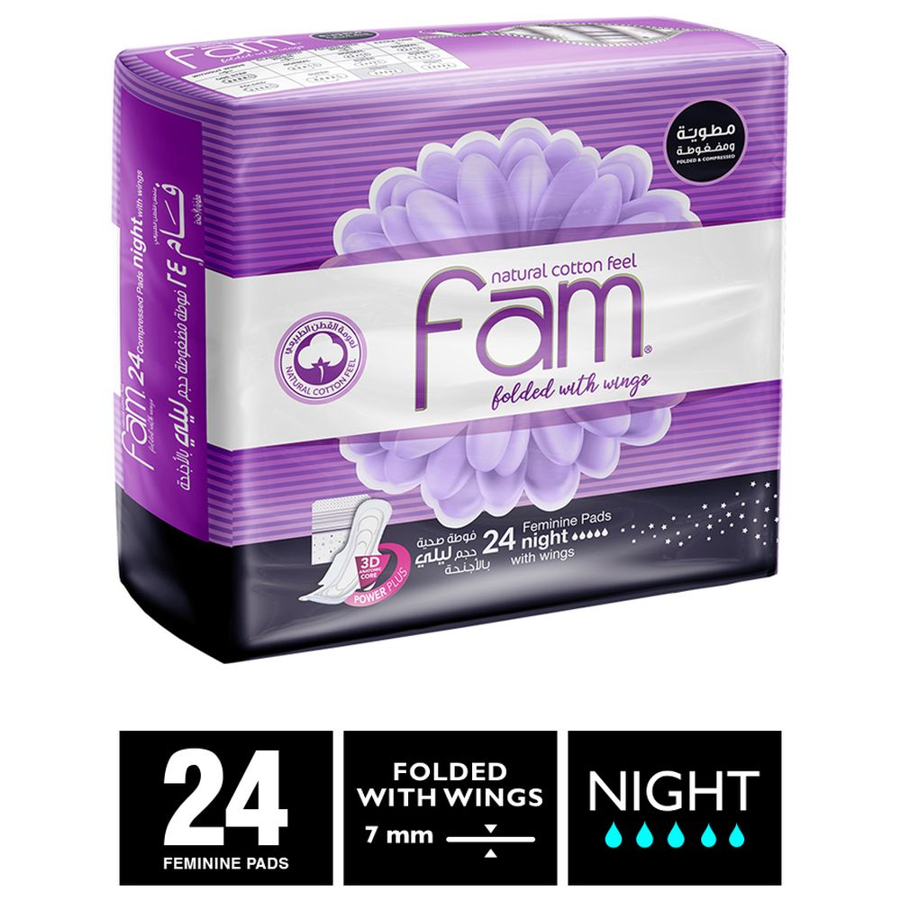 Fam Maxi Thick Folded with Wings Night Sanitary Pads 24 Pads