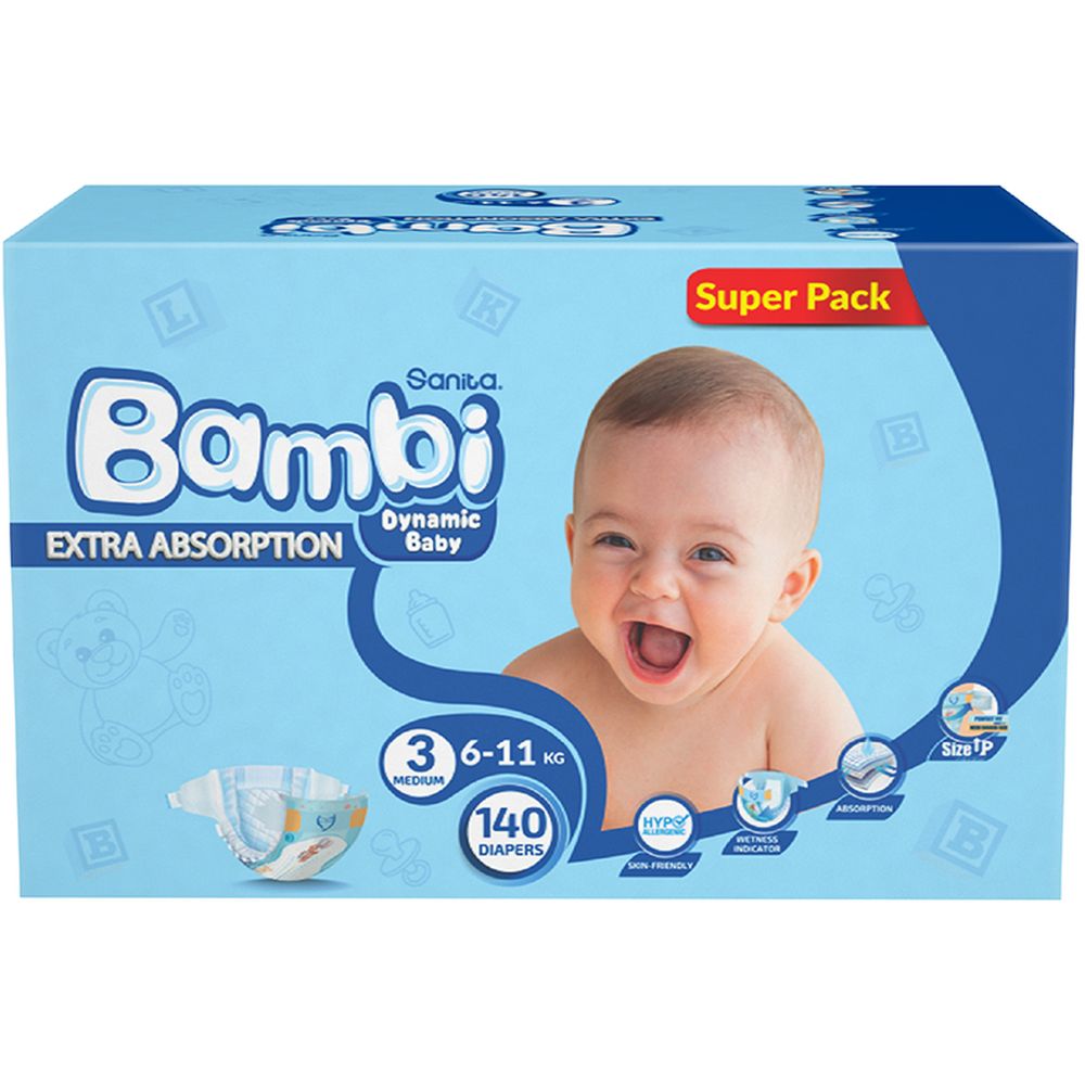 Sanita Bambi - Baby Diapers Super Pack Size 3 Medium 5-9 KG 140 Count