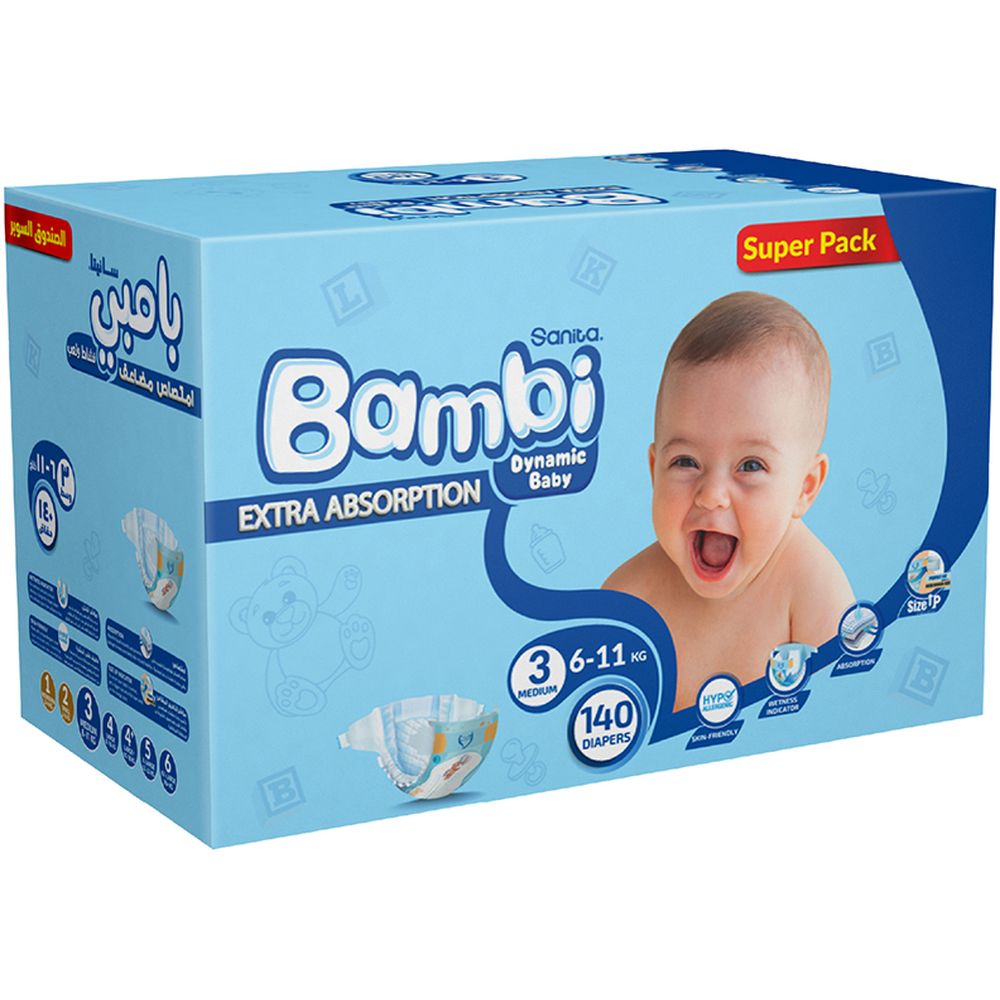Sanita Bambi - Baby Diapers Super Pack Size 3 Medium 5-9 KG 140 Count