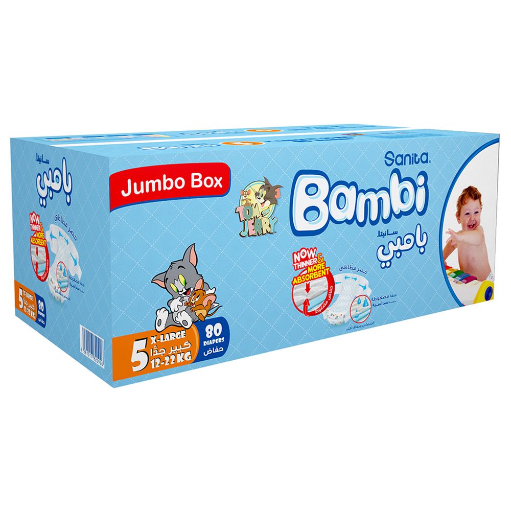 Sanita Bambi - Baby Diapers Jumbo Box Size 5, X-Large, 12-22 KG, 80 Count