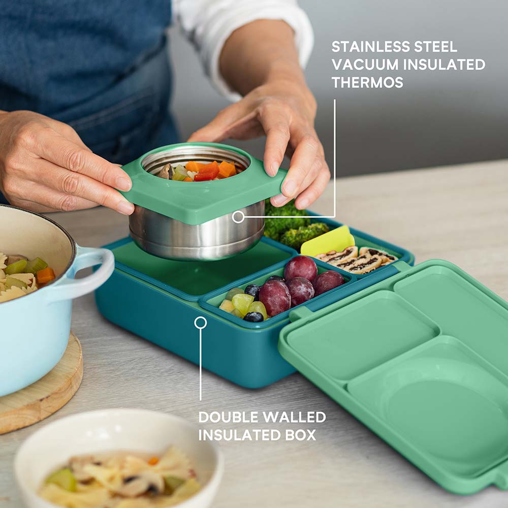 OmieBox - 2nd Gen 3 Compartments Kids Bento Box with Insulated Thermos-Meadow