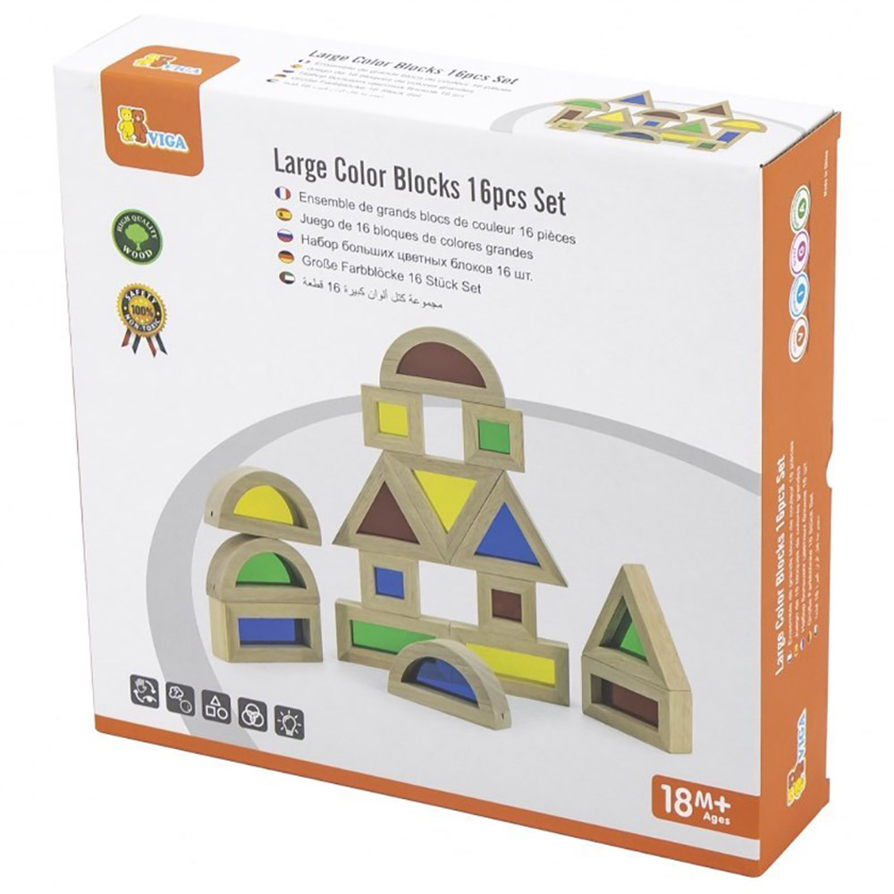 Viga - Large Color Blocks - 16pcs Set Educational Construction Toy Montessori Early Learning