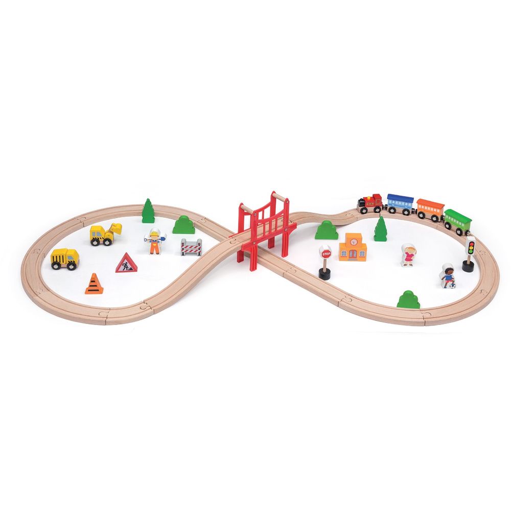 Viga - Wooden Train Set - 39pcs - Montessori Railway Tracks Trains Vehicles