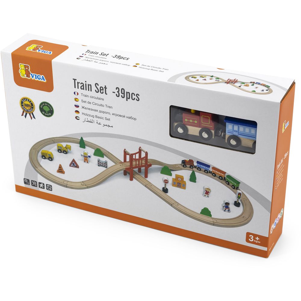 Viga - Wooden Train Set - 39pcs - Montessori Railway Tracks Trains Vehicles