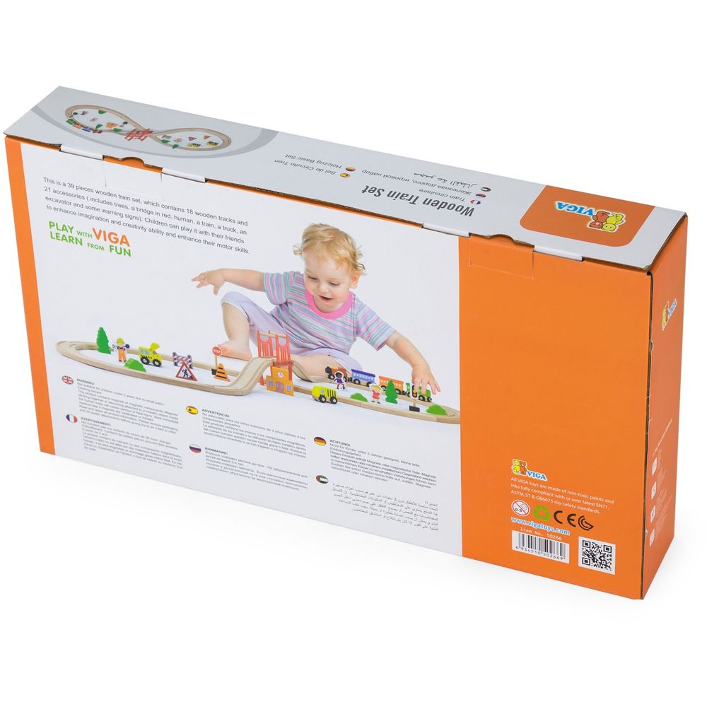 Viga - Wooden Train Set - 39pcs - Montessori Railway Tracks Trains Vehicles