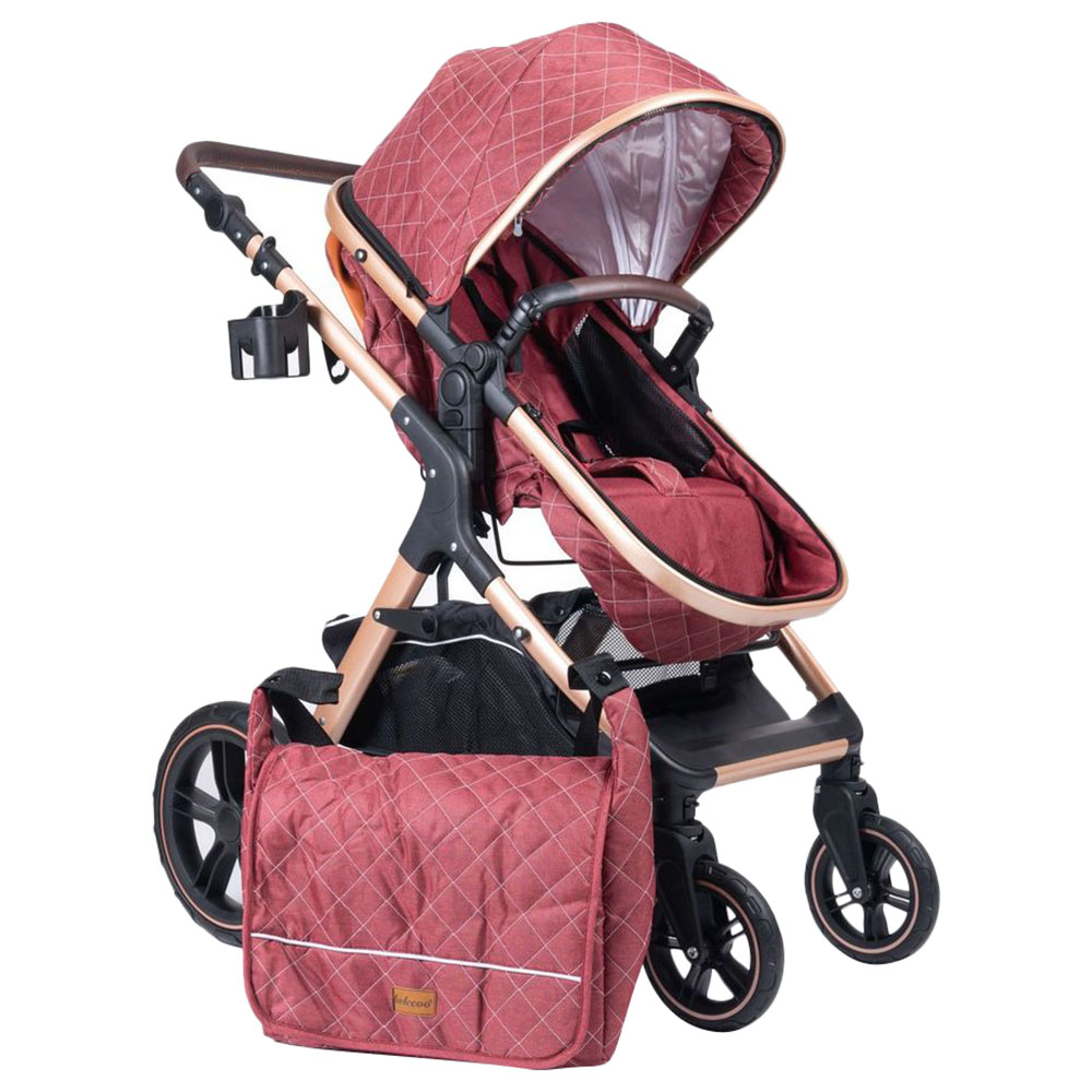 Belecoo - One Fold-To-Half Luxury Pram with Diaper Bag - Red