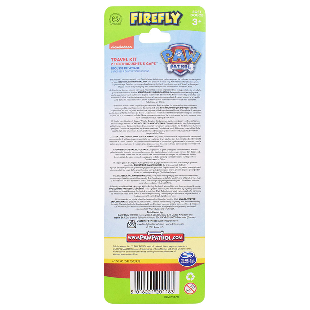 Firefly - Paw Patrol 2 Tooth Brush & 2 Caps Twin Pack