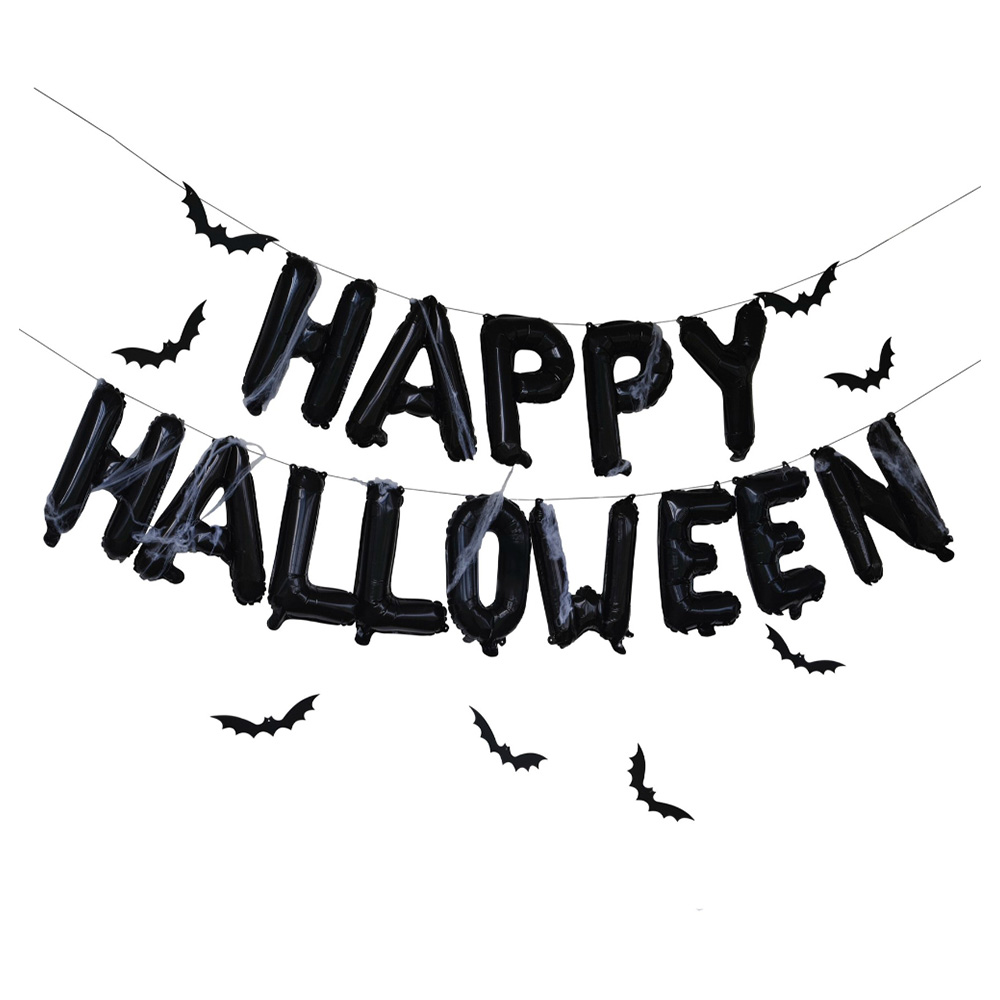 Ginger Ray - Happy Halloween Balloon Bunting with Webs & Hanging Bats - Black