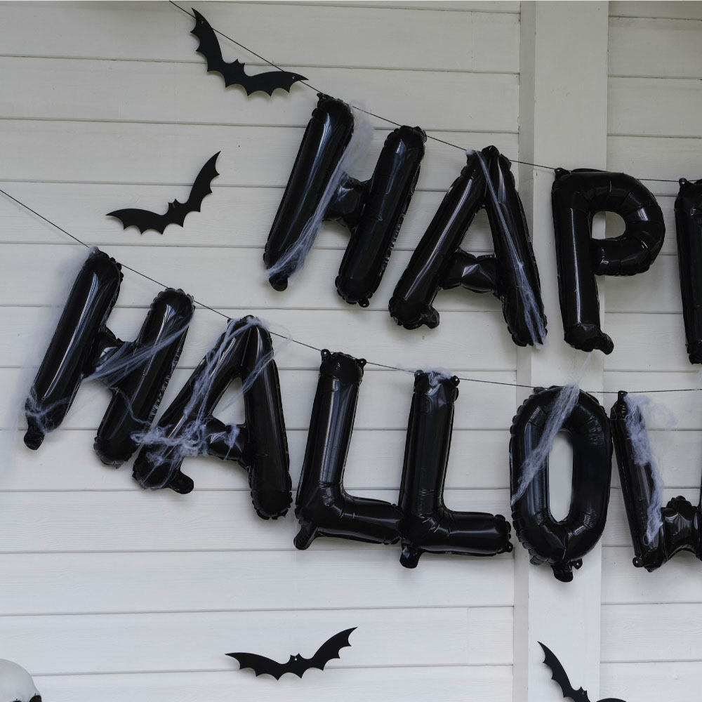 Ginger Ray - Happy Halloween Balloon Bunting with Webs & Hanging Bats - Black