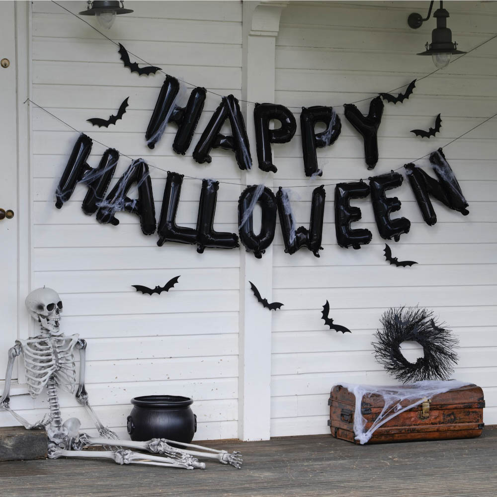 Ginger Ray - Happy Halloween Balloon Bunting with Webs & Hanging Bats - Black