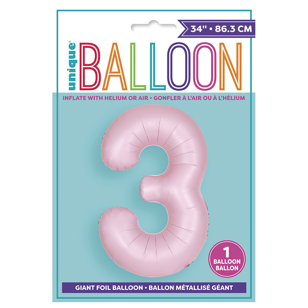 Unique - 34-inch Number "3" Foil Balloon - Matte Pink