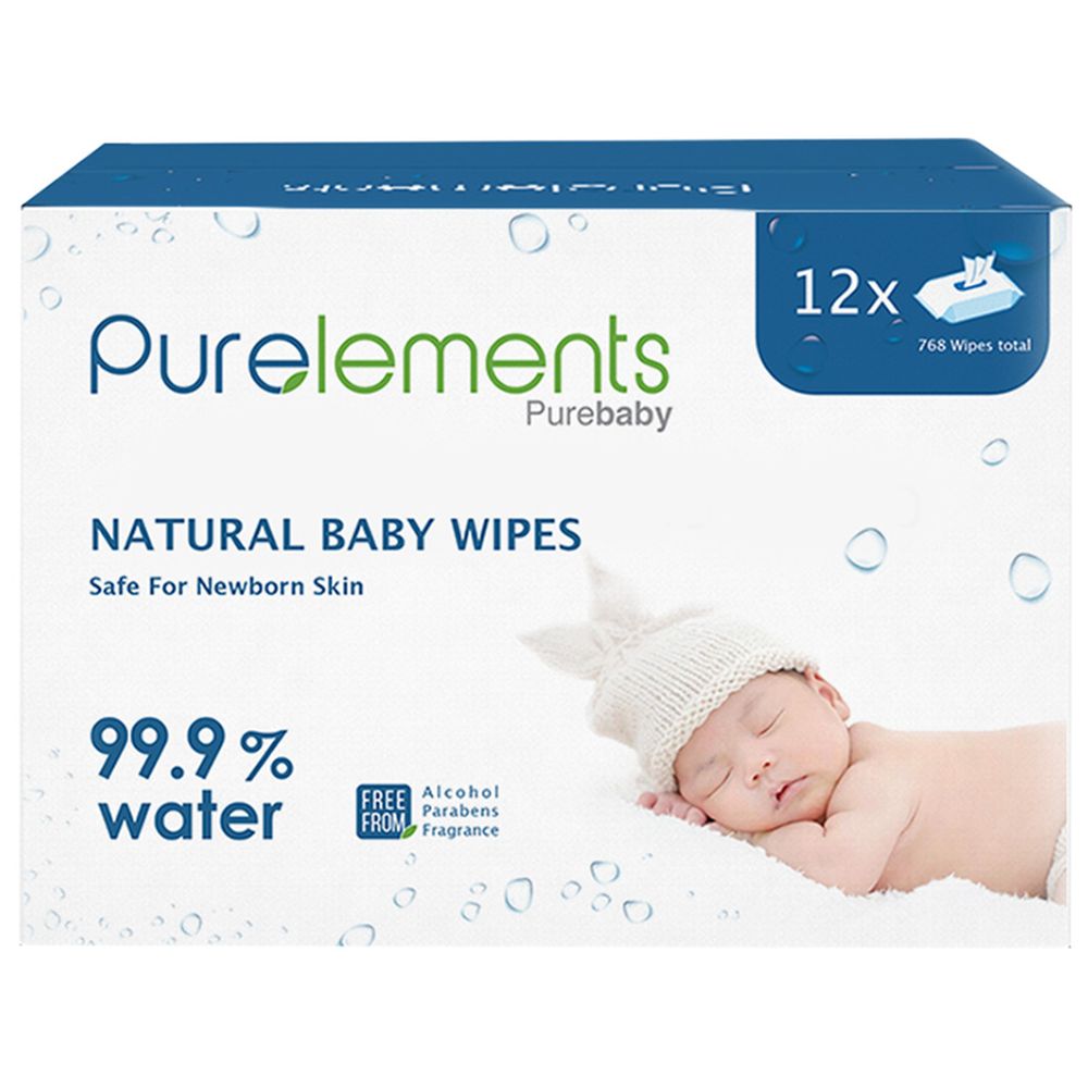 Purelements - 99.9% Pure Water Wipes – 12 Pack (768 Wipes) – Biodegradable Wet Wipes for Newborns & Sensitive Skin – Alcohol-Free & Fragrance-Free