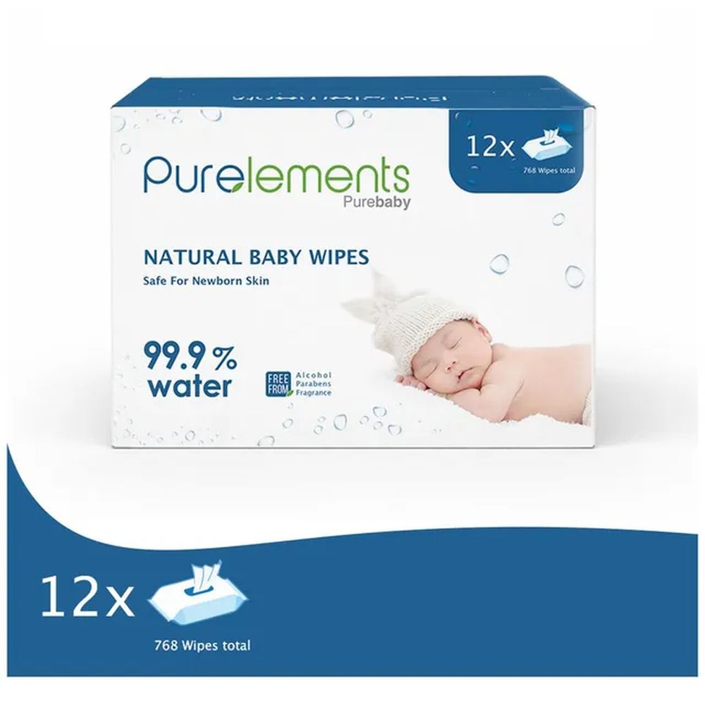 Purelements - 99.9% Pure Water Wipes – 12 Pack (768 Wipes) – Biodegradable Wet Wipes for Newborns & Sensitive Skin – Alcohol-Free & Fragrance-Free