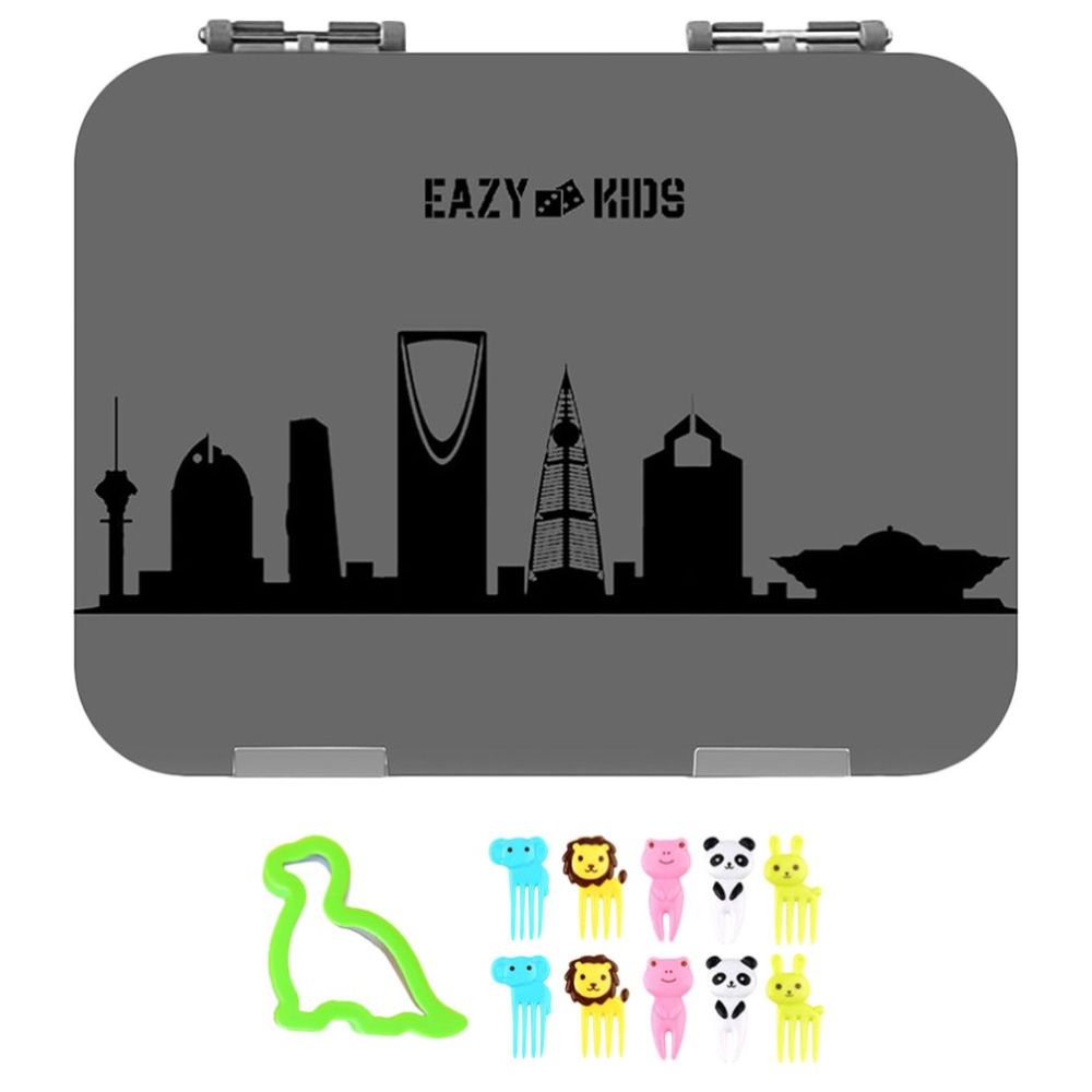 Eazy Kids 4 Compartment Bento Lunch Box with Sandwich Cutter Set-Skyline Saudi Grey