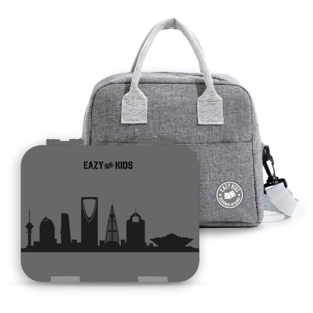 Eazy Kids 4 Compartment Bento Lunch Box with Sandwich Cutter Set-Skyline Saudi Grey