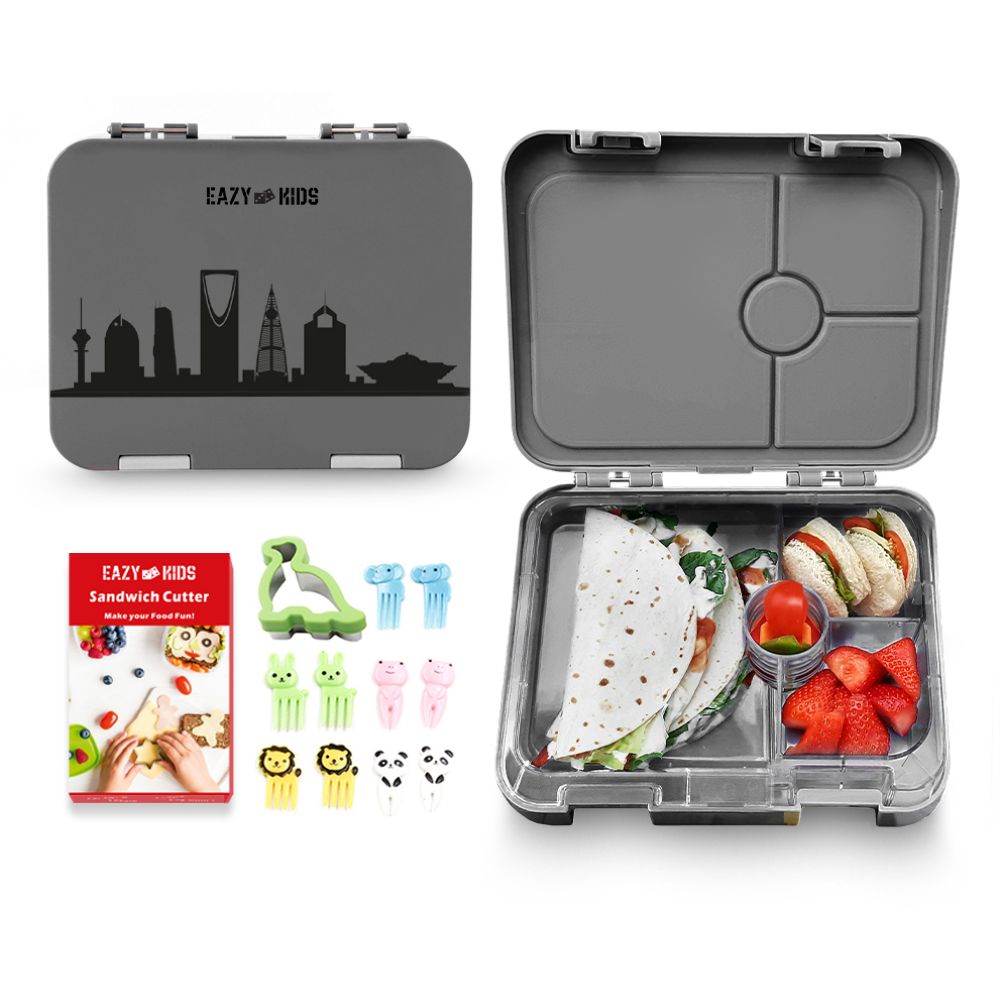 Eazy Kids 4 Compartment Bento Lunch Box with Sandwich Cutter Set-Skyline Saudi Grey