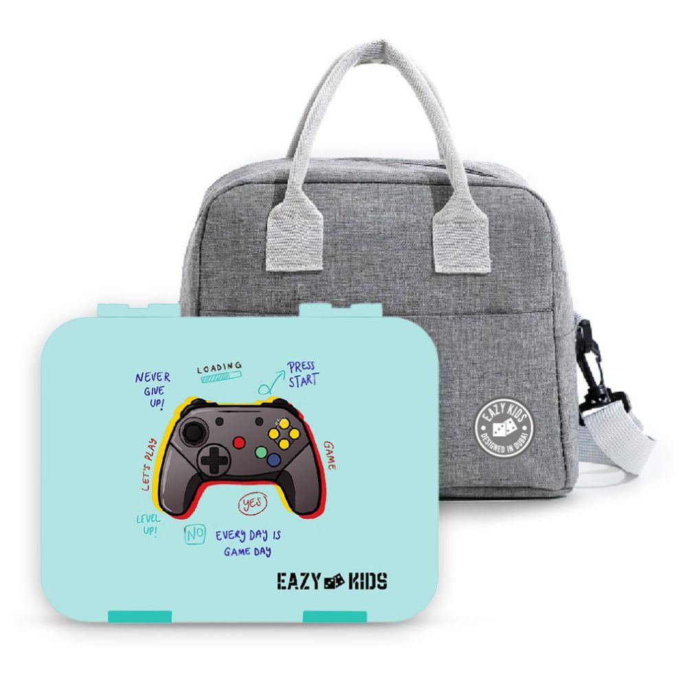 Eazy Kids 6 Compartment Bento Lunch Box with Sandwich Cutter Set-Playstation Green