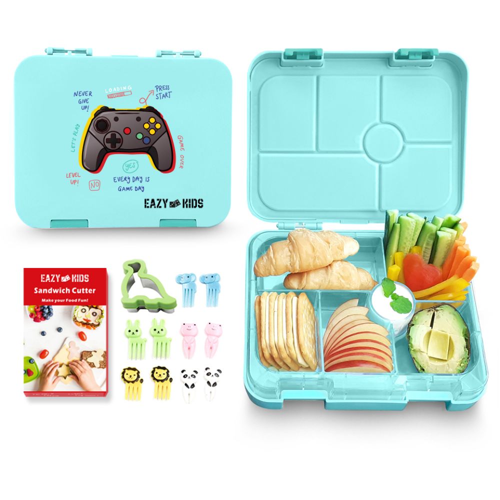 Eazy Kids 6 Compartment Bento Lunch Box with Sandwich Cutter Set-Playstation Green