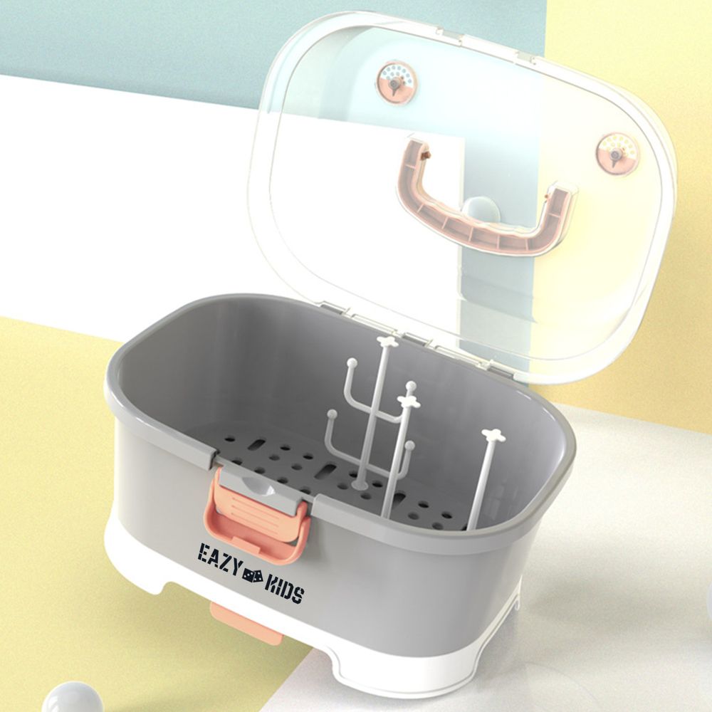 Eazy Kids - 9 Peg Baby Bottle Drying Rack Storage Box - Grey