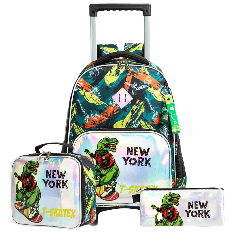 Eazy Kids - Trolley Bag 16-Inch with Lunch Bag & Pencil Case - Dinosaur Green