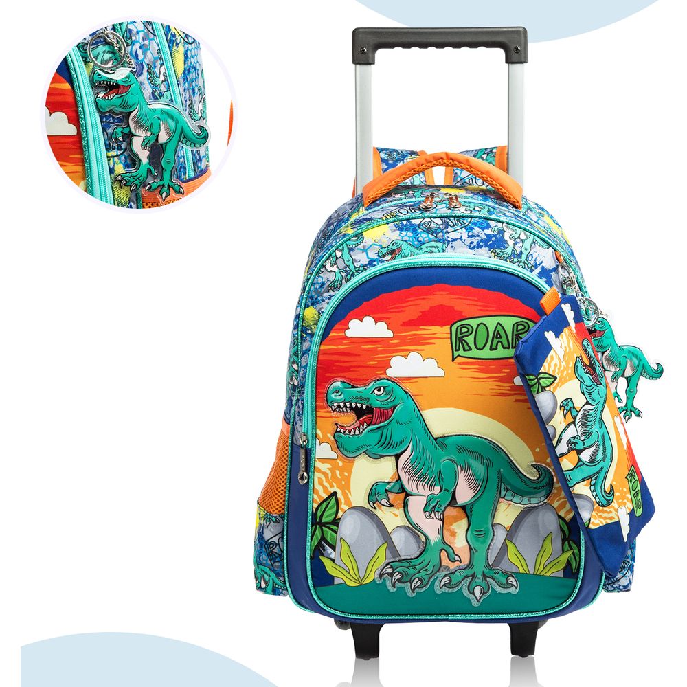 Eazy Kids - Trolley Bag 16-Inch with Lunch Bag & Pencil Case - Dinosaur Orange