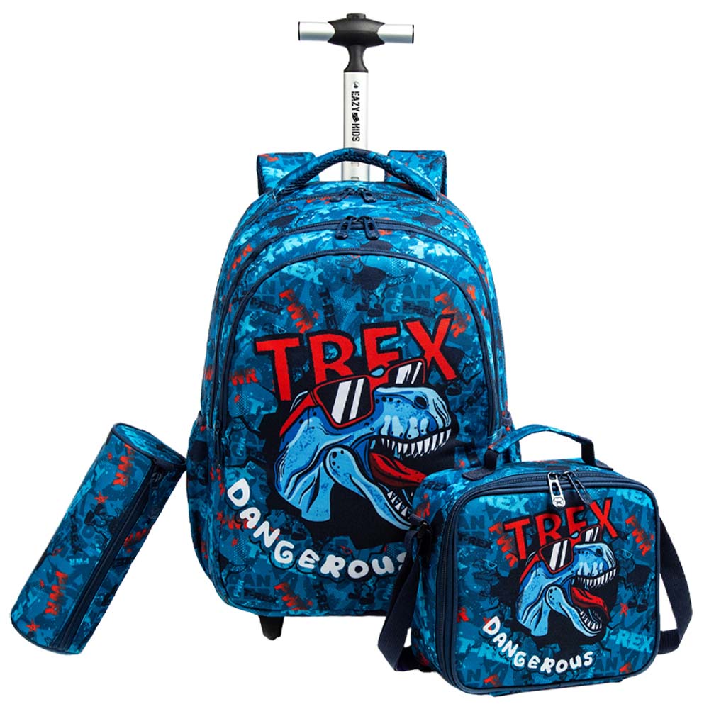 Eazy Kids - Trolley Bag 18-Inch with Lunch Bag & Pencil Case - Trex Dinosaur