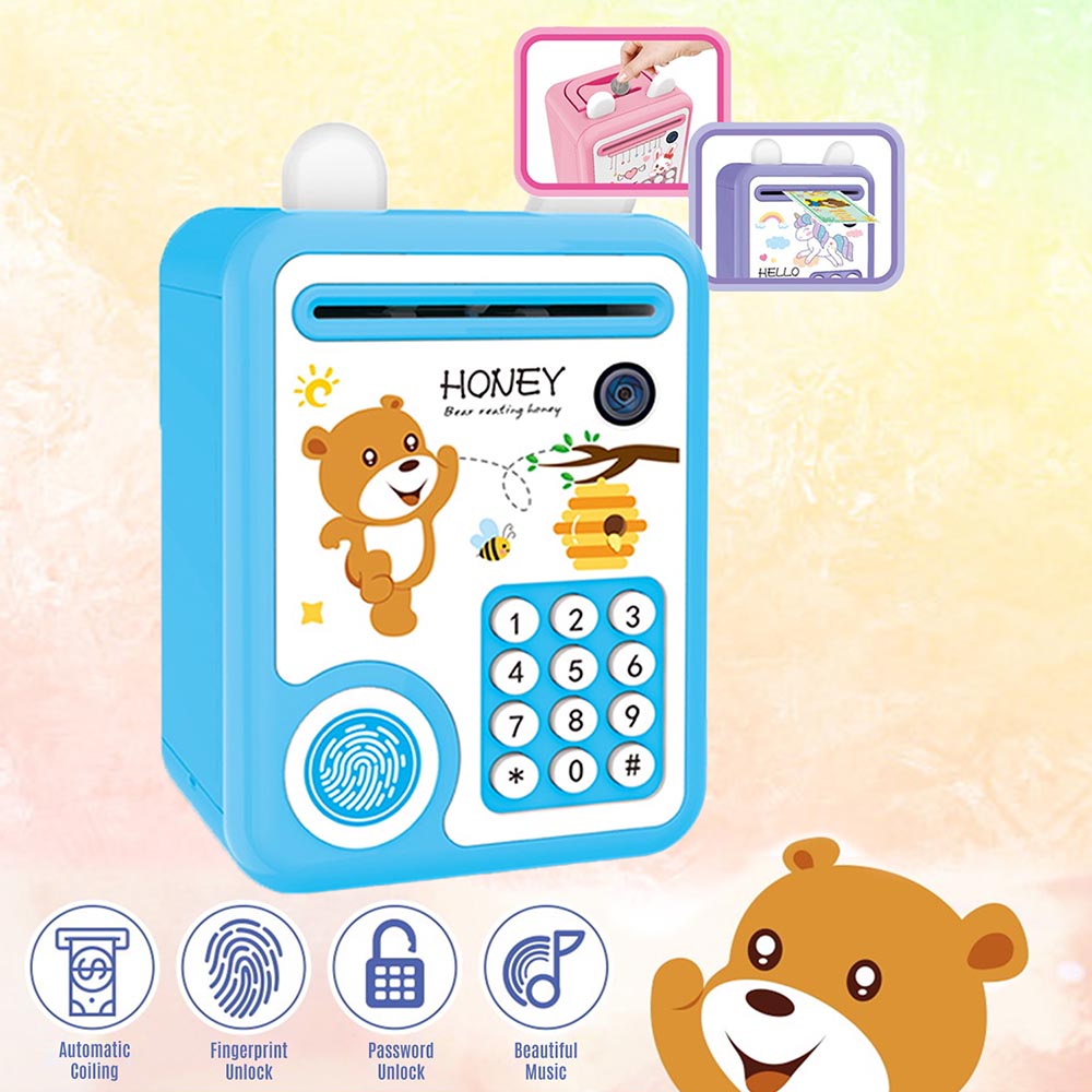 Little Story - Cute Piggy Bank with Fingerprint Lock - Bear Blue