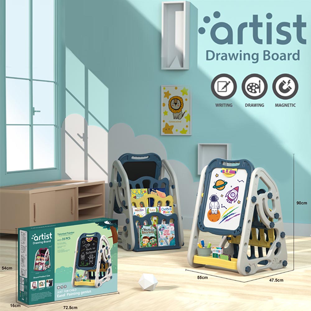 Little Story - Double Sided Magnetic Board with Book Shelf - Blue