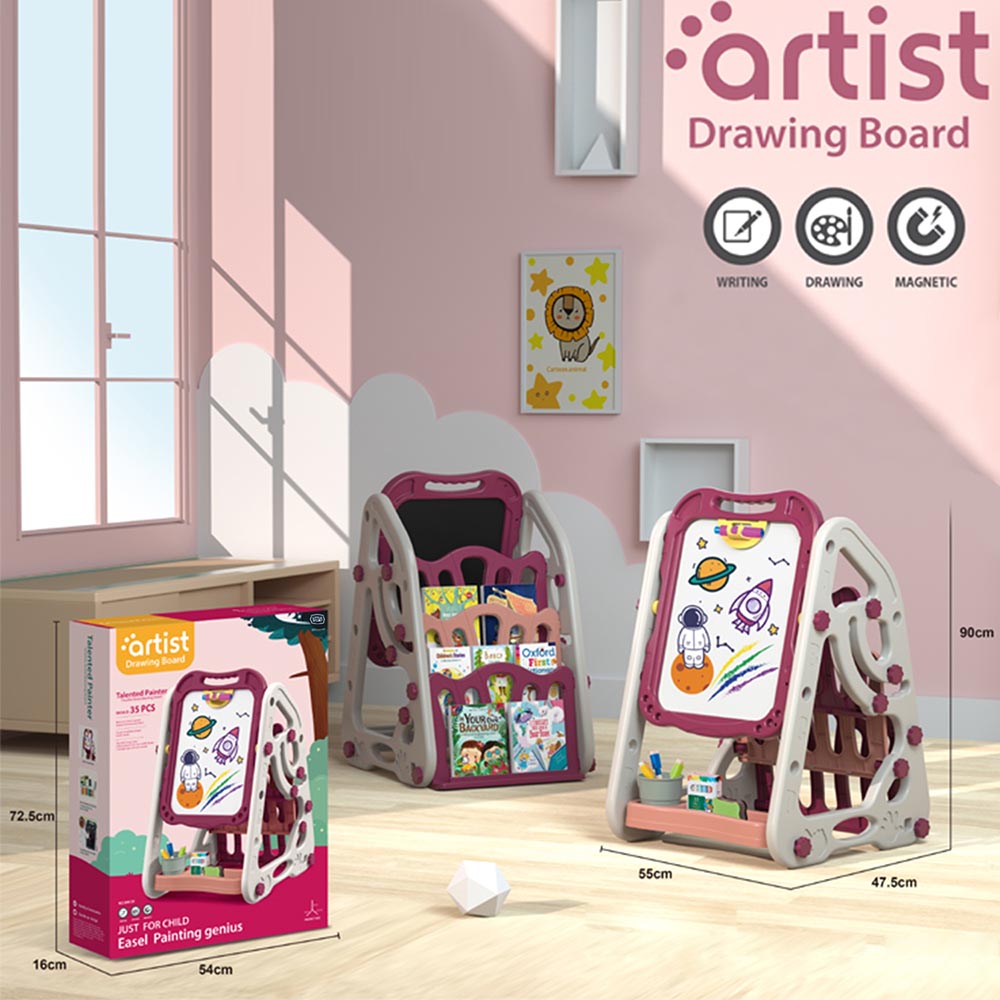 Little Story - Double Sided Magnetic Board with Book Shelf - Pink