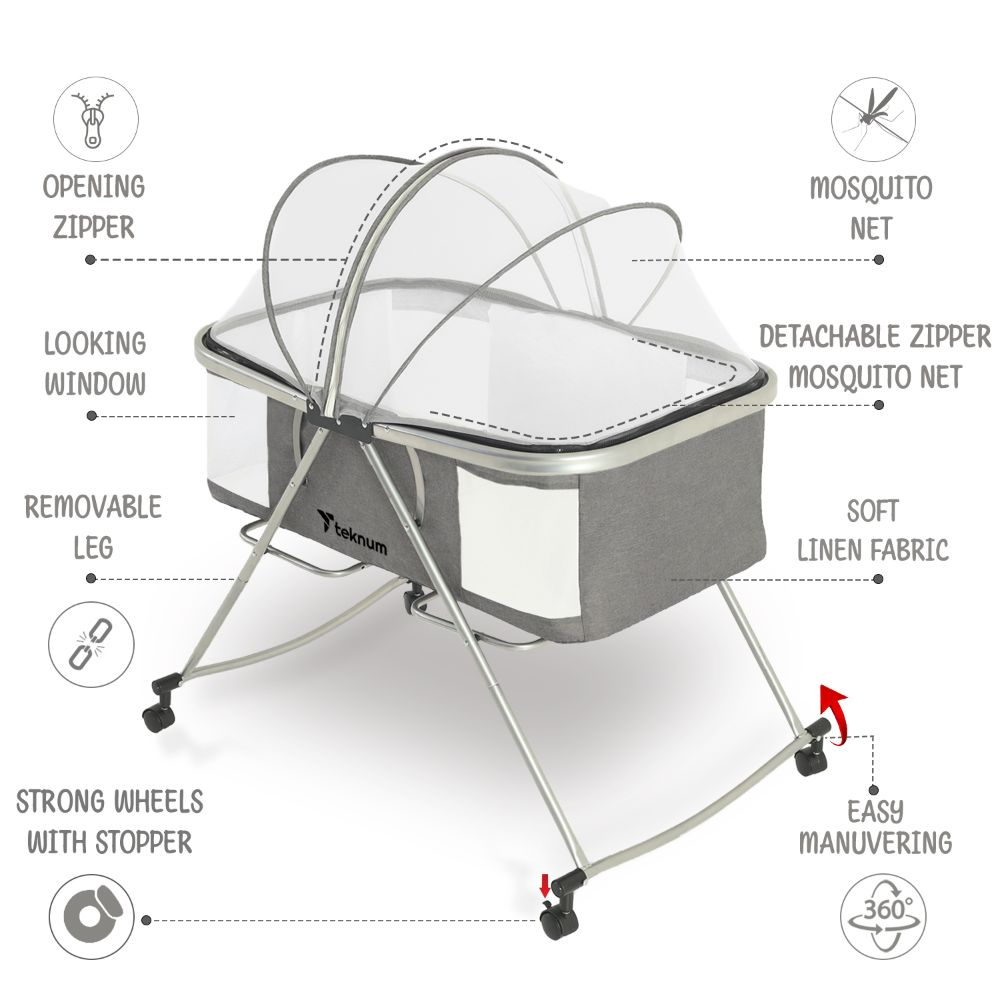 Teknum 3-in-1 Baby Cot/Cradle with Mosquito Net & Wheels - Grey