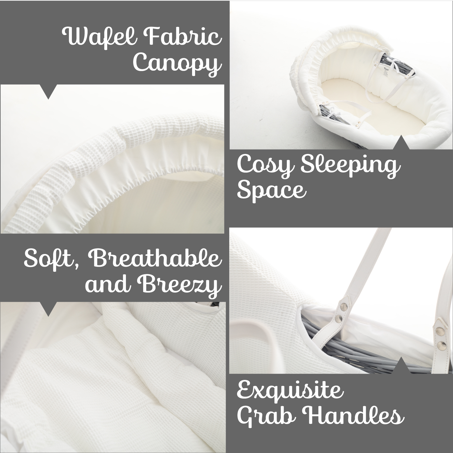 Teknum Infant Wicker Moses Basket with Waffle Beddings - Grey
