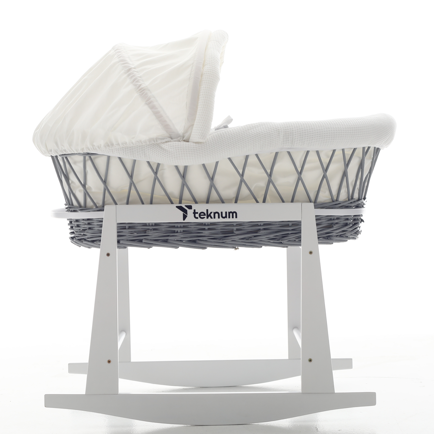 Teknum Wicker Moses Basket with Waffle Beddings & Stand - Grey