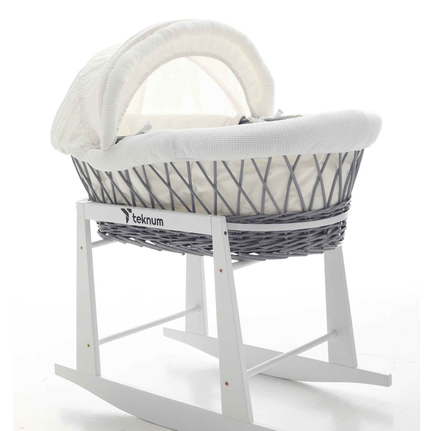 Teknum Wicker Moses Basket with Waffle Beddings & Stand - Grey