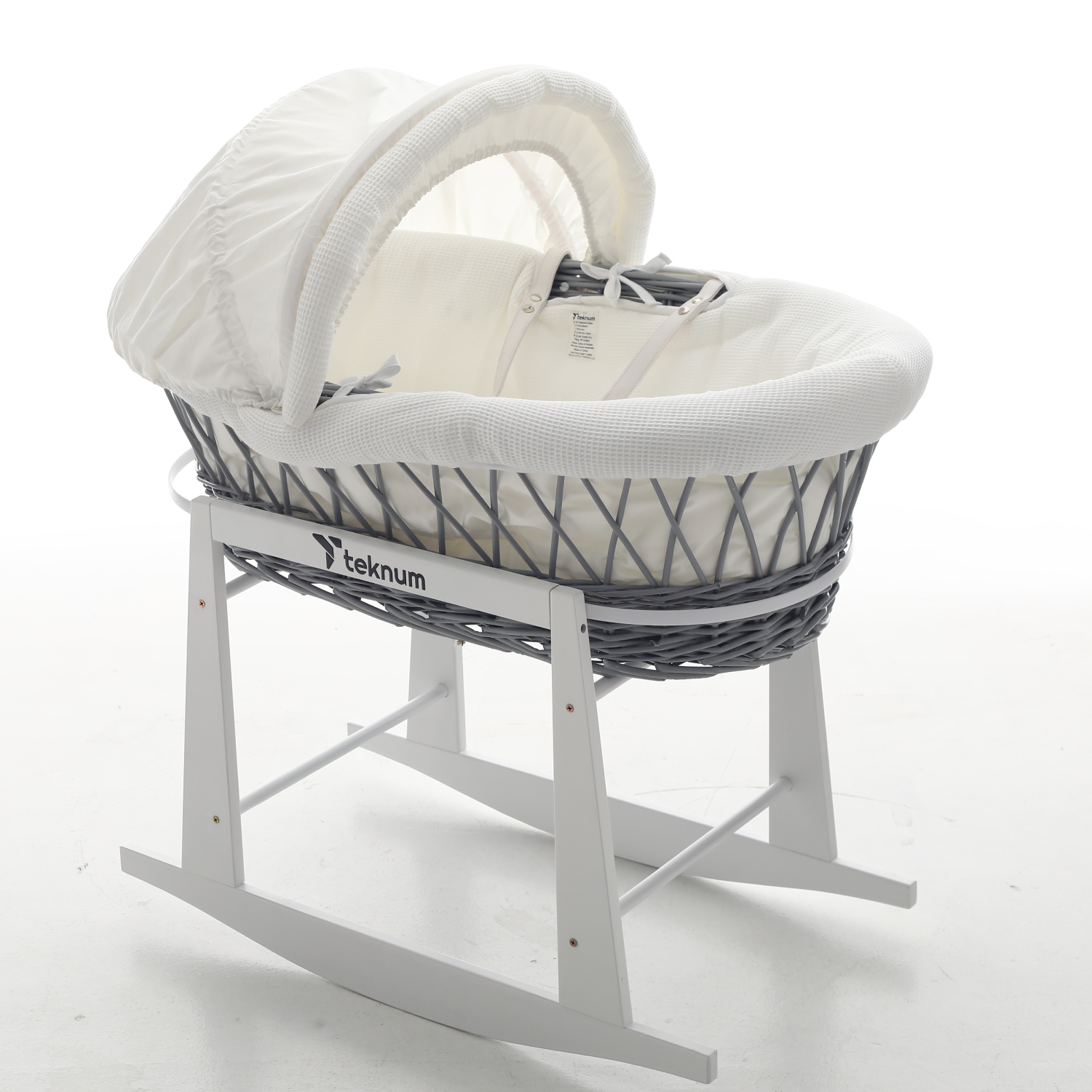 Teknum Wicker Moses Basket with Waffle Beddings & Stand - Grey