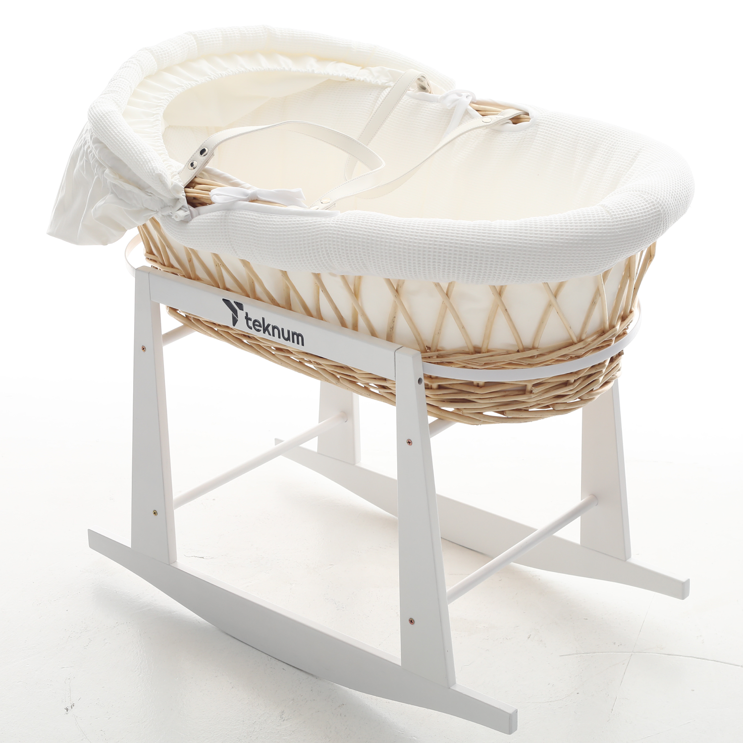 Teknum Wicker Moses Basket With Waffle Beddings & White-Stand