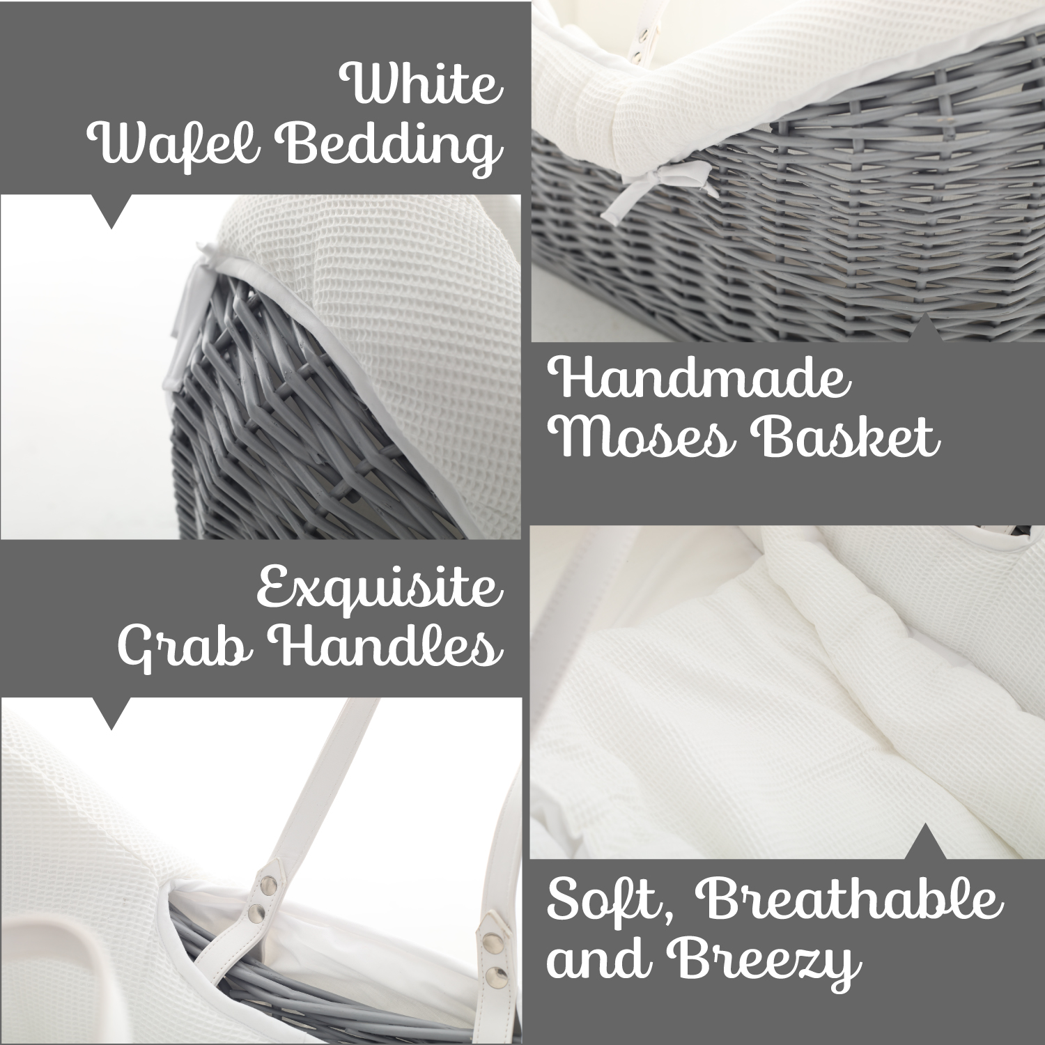 Teknum Infant Wicker Pod Moses Basket with Waffle Beddings - Grey
