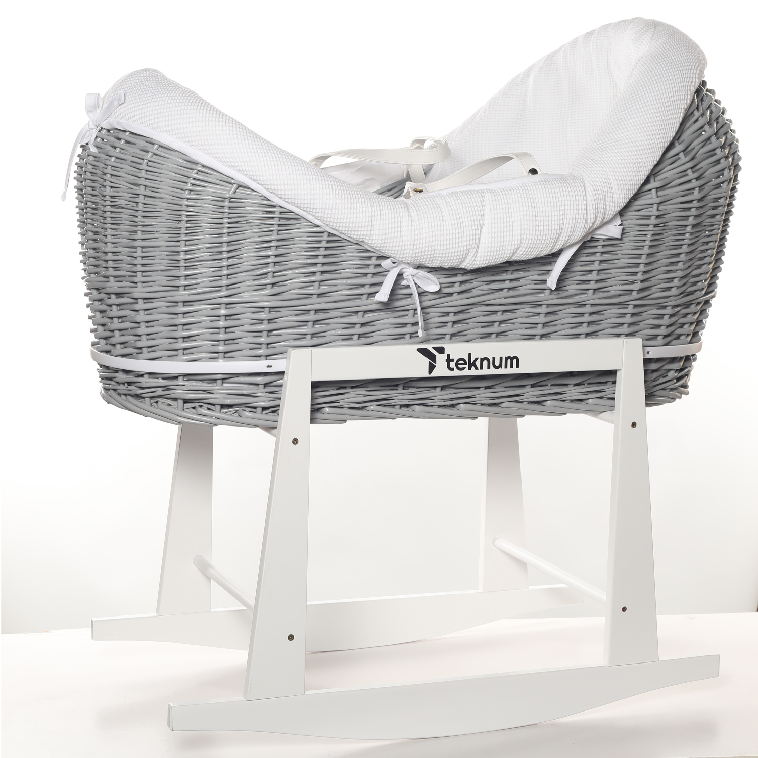 Teknum Wicker Pod Moses Basket with Waffle Beddings & Stand - Grey