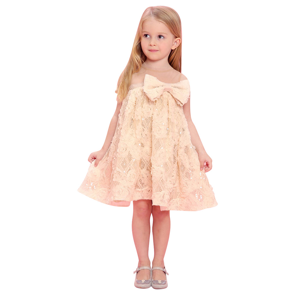 Baby Doll Bow Lace Dress - Beige