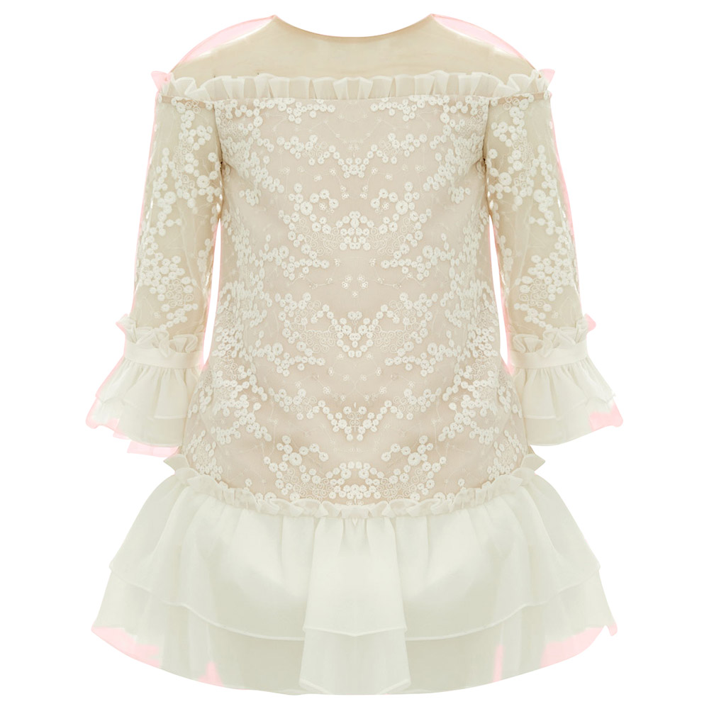 Baby Doll Embroidery Short Dress with Sequence - Ivory