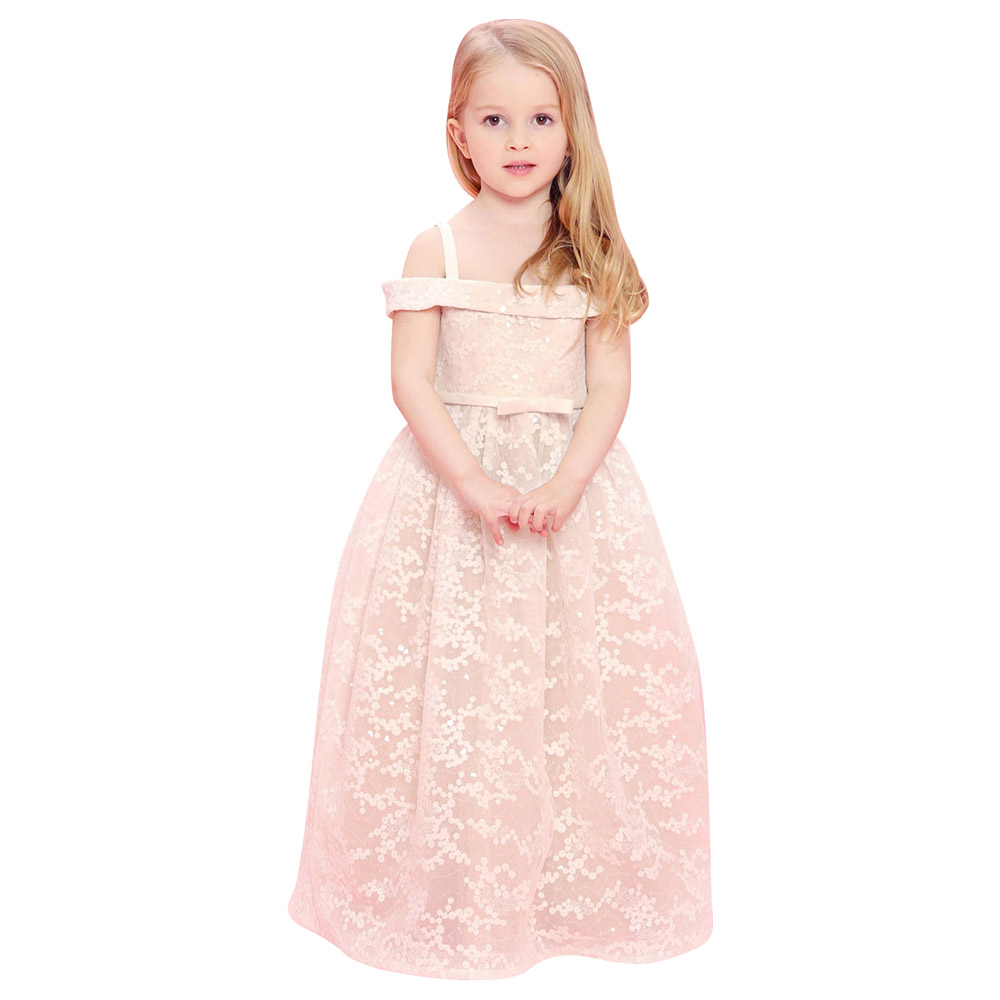 Baby Doll Embroidery Long Dress with Sequence - Ivory