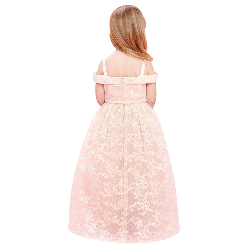 Baby Doll Embroidery Long Dress with Sequence - Ivory