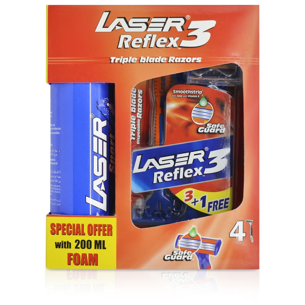 Laser - Reflex 3 Blade Disposable Shaving Razor 4 Pieces+ Laser Sport Shaving Foam 200Ml
