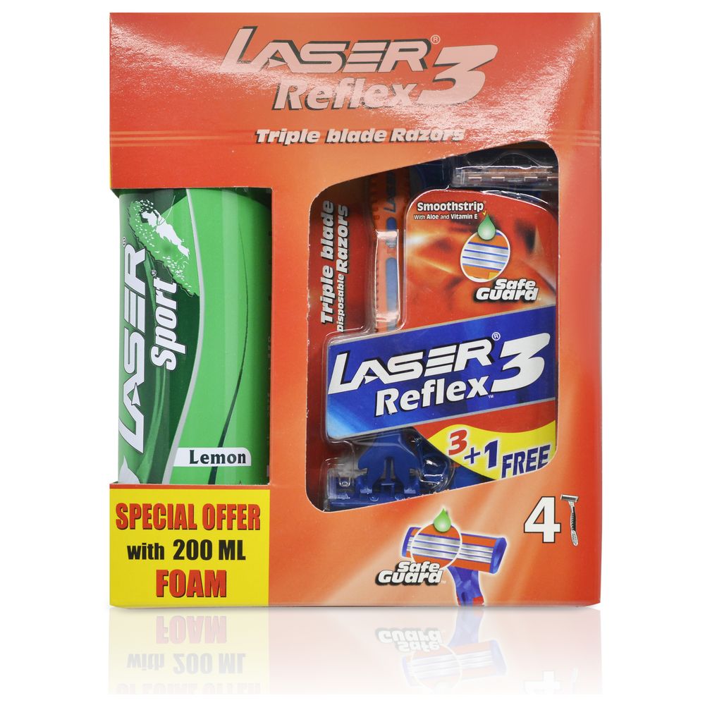 Laser - Reflex 3 Blade Disposable Shaving Razor 4 Pieces+ Laser Sport Shaving Foam 200Ml
