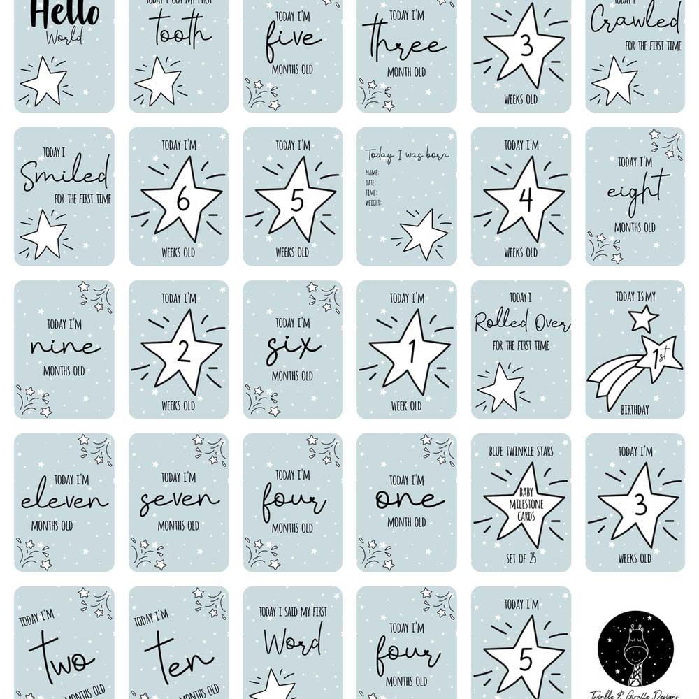 Twinkle And Giraffe - Blue Stars Baby Milestone Cards 25C