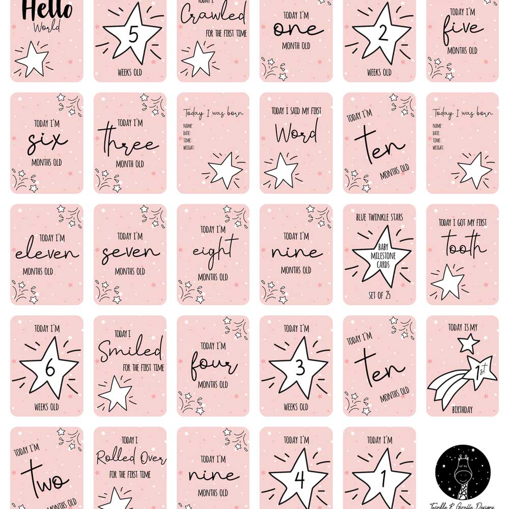 Twinkle And Giraffe - Pink Stars Baby Milestone Cards 25C